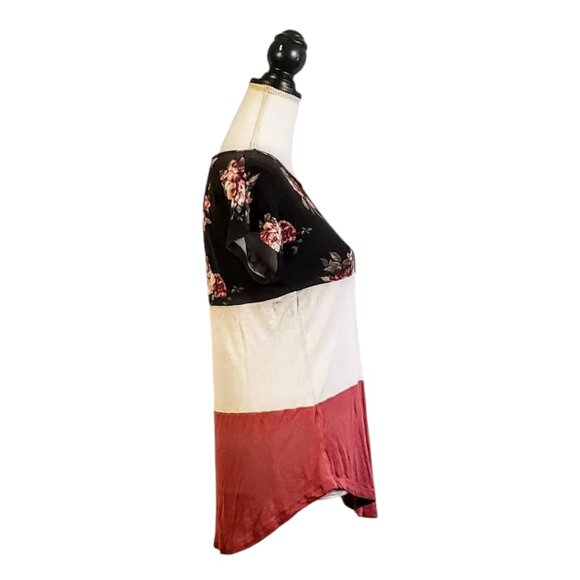 RUE 21 Top, Black White Pink Color Block Floral Rayon Short Sleeve Boho Casual S - Picture 3 of 10